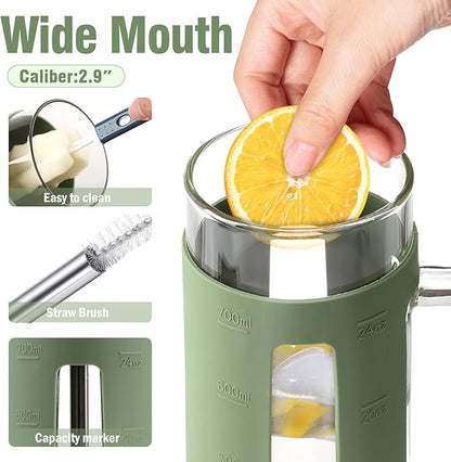Kodrine Glass Tumbler with Handle, 24 oz Iced Coffee Cup Boba Smoothie Cup, Bamboo Lid Home Office Tumblers, Olive