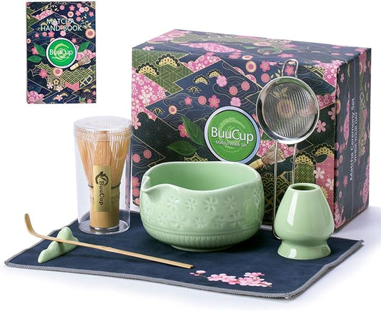 Matcha Whisk Set, Ceramic Matcha Set Includes Matcha Bowl, Matcha Whisk and Holder, Bamboo Scoop, Scoop Rest, Sifter and Tea Towel - 7 Pcs Matcha Kit for Matcha Lovers (Green)