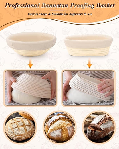 Banneton Basket Set of 2, 10" Oval & 9.7" Round Banneton Bread Proofing Basket with Liners, Bread Lame, Silicone Baking Mat, Danish Whisk, Brush, Proofing Bowls Sourdough Starter Kit Tools