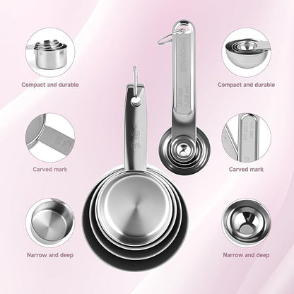 Measuring Cups and Spoons Set,Stainless Steel 8 Piece Nesting Measuring Tools for Dry & Liquid Ingredients, Kitchen Gadgets for Cooking and Baking, Includes 4 Cups and 4 Spoons
