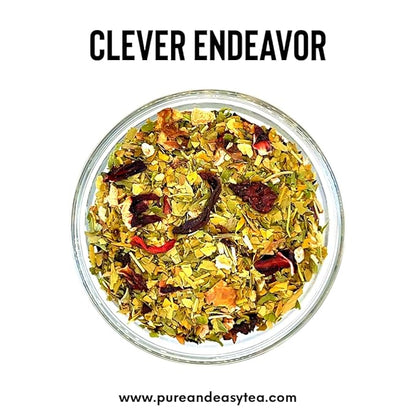 Pure And Easy Tea, Clever Endeavor, Natural Focus & Mental Clarity Tea, Caffeinated Loose Leaf Blend with Ginkgo Biloba & Yerba Mate, 30-Day Supply, 100g