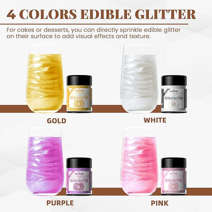 Edible Glitter Set - 4 Colors Food Grade Edible Drink Glitter for Cake Strawberries Drink Dust Shimmering, Vegan Food Coloring Sprinkle for Chocolates, Fondant Pops (3g per Bottle)