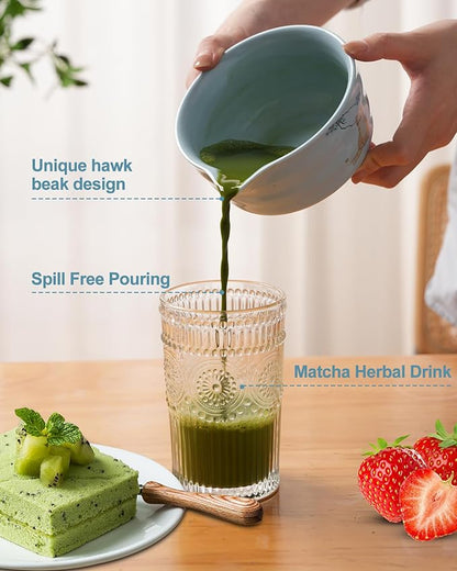 Matcha Set, Japanese Tea Set Includes Matcha Bowl, Matcha Whisk and Holder, Bamboo Scoop, Scoop Rest, Sifter and Tea Towel-7 Pcs, Ceramic Matcha Kit for Tea Lovers (Blue)