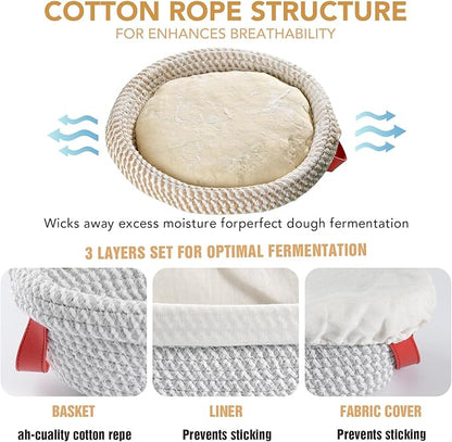 Sourdough Starter Kit, 9' Round Proofing Basket and 10' Oval Proofing Basket, a complete bread-making tool set, essential sourdough bread baking supplies for beginners.