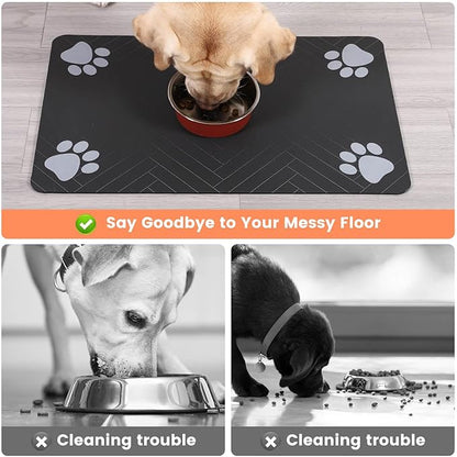 Pet Feeding Mat-Absorbent Pet Placemat for Food and Water Bowl, with Waterproof Rubber Backing, Quick Dry Water Dispenser Mat for Dog and Cat (12"x20", Striped Dark Gray)