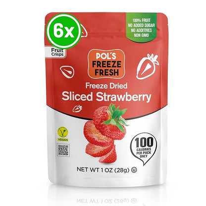 Pol’s Freeze Fresh - 6 Pack Sliced Freeze-Dried Strawberries (1 Oz Each) – No Added Sugar, Non-GMO, Vegan, Gluten-Free Single-Serve Snack Packs