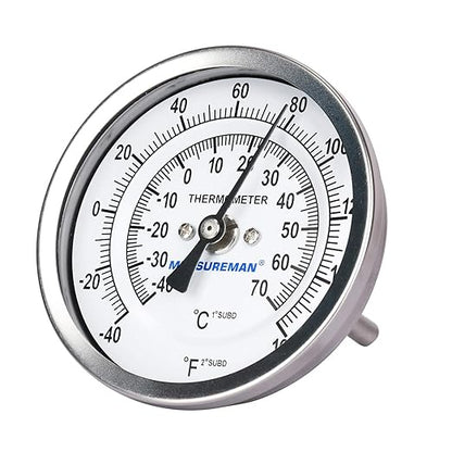 MEASUREMAN Fully Stainless Steel Pot, Kettle, Brewing Bimetal Dial Thermometer, 3" Dial, 2-1/2" Stem, -40-160 deg F/-40-70 deg C, -1% Accuracy, Adjustable, 1/2" NPT Back Mount