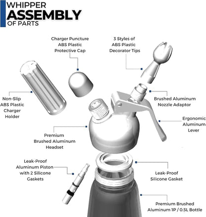 ICO Professional Aluminum Whipped Cream Dispenser for Homemade Whipping Cream, Desserts, Dips, Sauces, and Infused Liquors, Whipped Cream Maker for use with Whip Cream Charger, Silver, 1-Pint