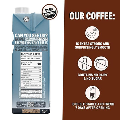 Wandering Bear Organic Vanilla Cold Brew Coffee, 32 fl oz, 6 pack - Extra Strong, Bold, Smooth, Unsweetened, Shelf-Stable, Ready to Drink, Gluten Free, & Vegan, Iced Cold Brewed Coffee Drinks