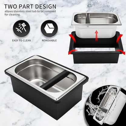 Espresso Knock Box,Stainless Steel Coffee Pucks Container, with Steel Holder and Noise Reduction Rubber Ring (10.94 x 6.88 x 4.25 inch)
