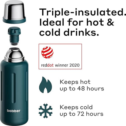 BOBBER 34 oz Stainless Steel Travel Thermos for Hot and Cold Drinks – Dishwasher Safe Metal Water Bottle with Cup Lid – Keeps Hot for 48 Hours – BPA-Free, Vacuum Insulated (Deep Teal)