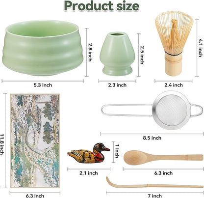 Japanese matcha set, matcha whisk and bowl, matcha sieve, matcha whisk holder, and matcha spoon - 8pcs Matcha Set (green)