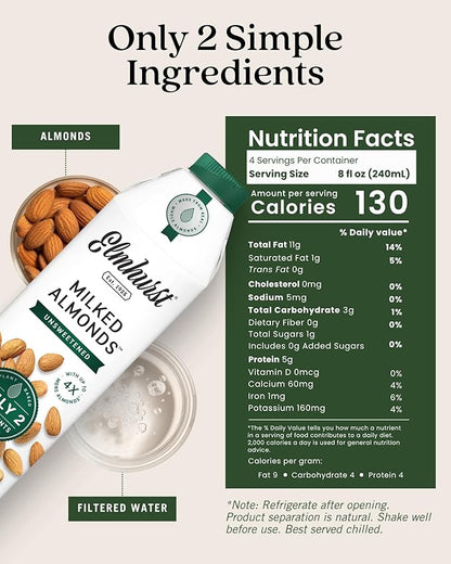 Elmhurst 1925 Unsweetened Almond Milk - 32 Ounce (Pack of 6) Dairy-Free, Vegan, Kosher, No Added Sugar, Shelf Stable Milk Made with Water & Almonds for Healthier, Simpler Plant-Based Alternatives