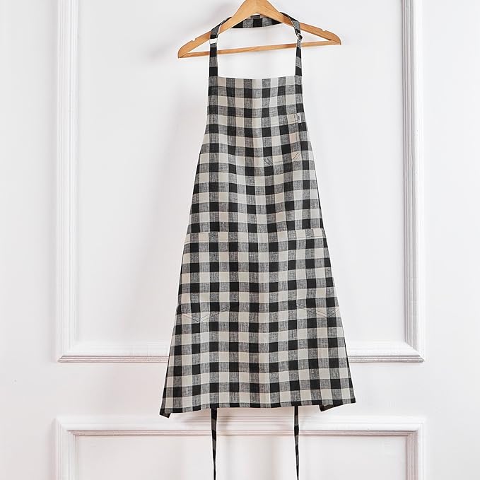 Solino Home Linen Bib Apron for Men & Women - Black and Cream Kitchen Apron with Front Pockets - Handcrafted from European Flax
