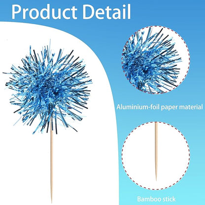 40 PCS Foil Firework Cupcake Toppers Light Blue Sparkler Cupcake Picks Sparkle Tinsel Fireworks Decorations Cocktail Fruit Toothpick for Firework Theme Birthday Wedding Graduation Party Decor Supplies