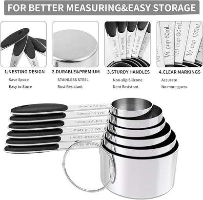 TILUCK Measuring Cups and Spoons Set, Stainless Steel, Kitchen Utensils for Cooking and Baking (11, Black)