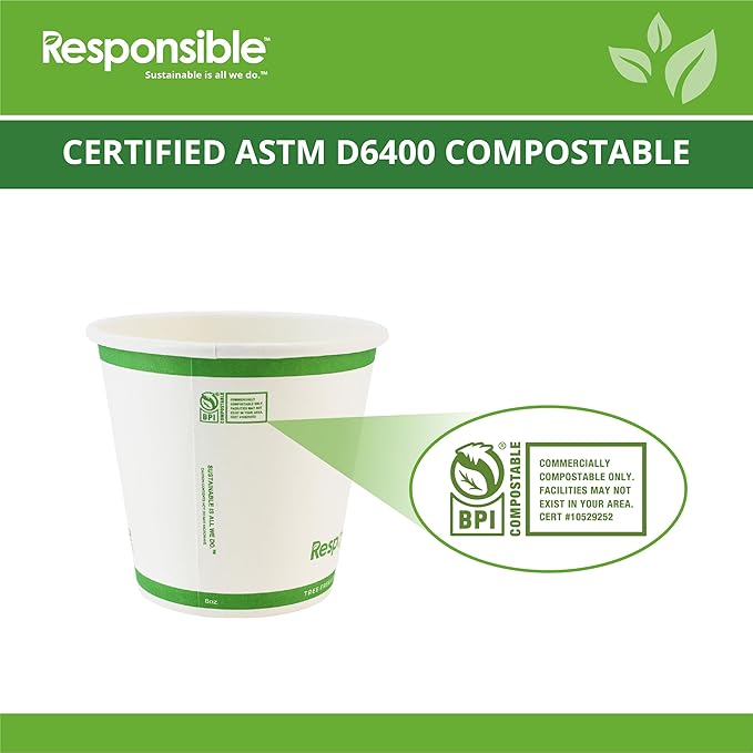 8 oz Paper Hot Cups (Squat), Tree-Less™ Compostable Paper Coffee Cups, Extra Strength, Tree-Free and Made Without PFAS, White (1000 Count)