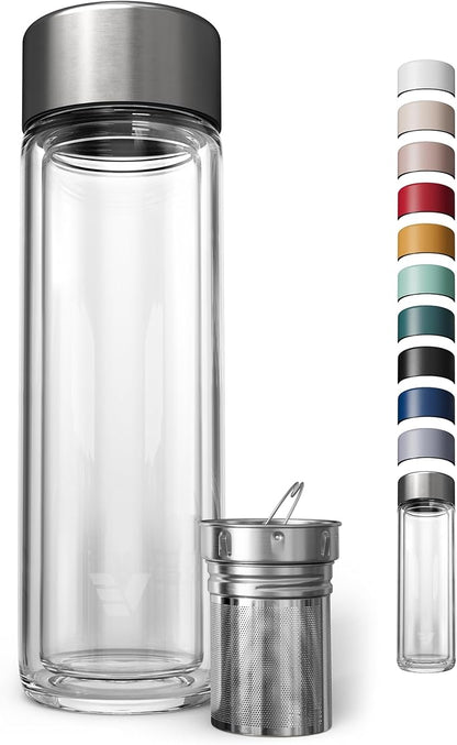 Glass Multi Tea Infuser Bottle 14oz - Double Wall Borosilicate Glass Flask | No Plastic Touches Contents | Perfect for Office or Home