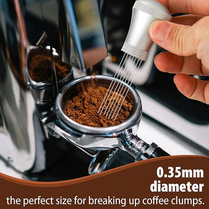WDT Espresso Distribution Tool Espresso Stirrer Tools for Barista, 0.35mm 7 Needles Espresso Coffee Stirrer with Extra 7 Replaceable Needles, Aluminum Alloy Handle with Stand (Silver)