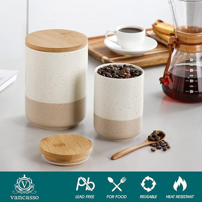 vancasso Sabine Small Ceramic Canister with Airtight Wood Lid - 18 oz Kitchen Storage for Coffee, Sugar, Tea & Spices - Compact Countertop Jar