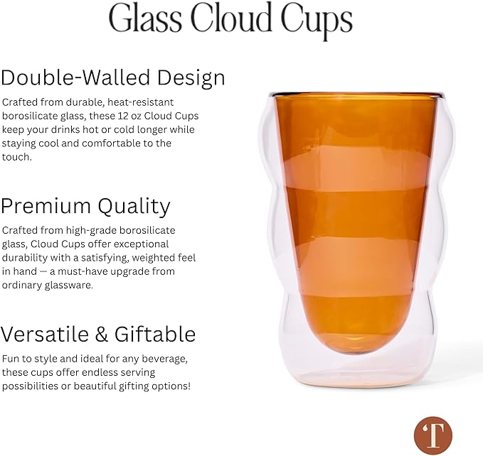 Glass Cloud cups 12 oz Double Wall Insulated Glass Cups - heat-resistant borosilicate glass -perfect for iced teas, lattes, and all your favorite sips (White)