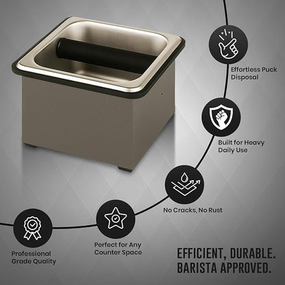 Rattleware Stainless Steel Knock Box - Perfect for Home, Cafe, Restaurant, Hotel, Office, or Commercial Establishment - Heavy Duty Knock Box Trusted By Baristas Worldwide (7.5" x 7" x 4")