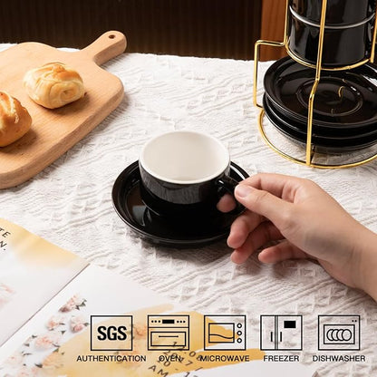 Sweejar Porcelain Espresso Cups with Saucers, 4 Ounce Stackable Cappuccino Cups with Metal Stand for Coffee Drinks, Latte, Tea - Set of 4 (Black Gold Stand)