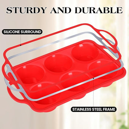 2 Pcs Jumbo Muffin Pan with Metal Frame, Nonstick 6 Cup Extra Large Cupcake Pan for Baking, Silicone Deep Muffin Tray for Egg Bites (Red)