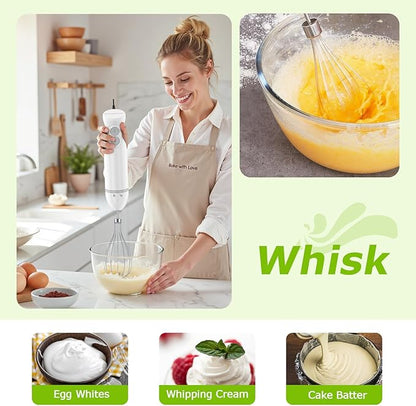 Bonsenkitchen Hand Blender, Immersion Blender with 2 Mixing Speed, 4-In-1 Stainless Steel Handheld Stick Mixer with Egg Whisk, Beaker & Chopper Bowl, for Baby Food, Soups, Smoothies, White