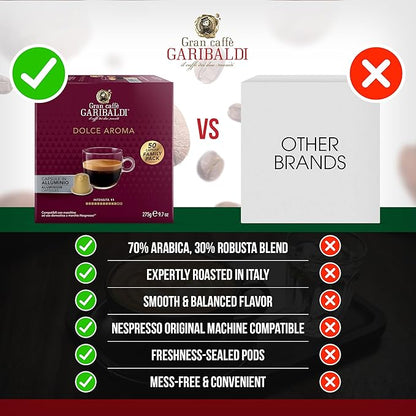 Gran Caffè Garibaldi Espresso Pods, Italian Roasted Coffee, Compatible Nespresso Original Line Machines, Nitrogen Flushed, Intense Aroma, Full-Bodied Crema - Dolce Aroma 200 Aluminum Cups