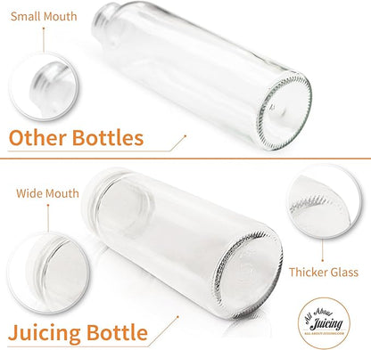 All About Juicing Clear Glass Water Bottles Set - 6 Pack Wide Mouth with Lids for Juice, Smoothies, Beverage Storage - 16 oz, Durable, Reusable, Dishwasher Safe, Leak Proof (White Caps)