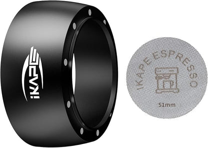 IKAPE Magnetic Dosing Funnel Set, 51MM Espresso Dosing Ring & Puck Screen Kit Compatible with Delonghi 51MM Bottomless Portafilter - with 8 Small Magnet (Black)