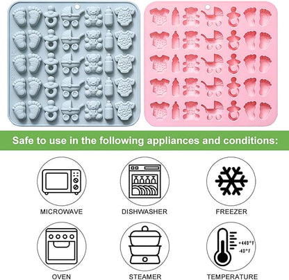 Baby Chocolate Mold Set Silicone Baking Molds with Footprint, Stroller, Reusable for Newborn Cakes, Diaper Party Treats Baby Favors - 2 Pack