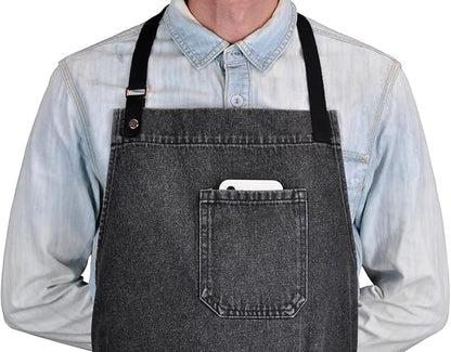 Cooking Apron with Pockets Mens Womens Professional Kitchen Bib Apron for Chef Grill BBQ (Black Denim -2)