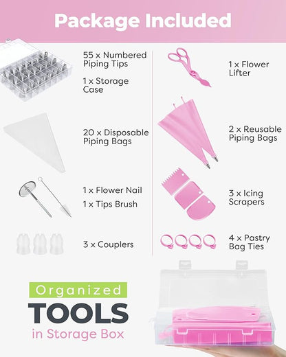 Kootek 90 PCs Piping Bags and Tips Set, Cake Decorating Supplies Kit with 55 Numbered Icing Piping Tips, 20+2 Pastry Bags for Cake Cupcake, Frosting Piping Kit with Booklet and eBook