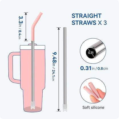 Reusable Metal Straws with Silicone Tip for Stanley 30oz,Stainless Steel Drinking Straws for 30oz Tumbler,3 Straight Tubes & 6 Tips& 1 Cleanr Brush (Jade)