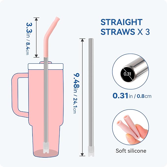 Reusable Metal Straws with Silicone Tip for Stanley 30oz,Stainless Steel Drinking Straws for 30oz Tumbler,3 Straight Tubes & 6 Tips& 1 Cleanr Brush (Chambray)