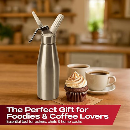 Chef Master (1 Pint / 0.5 Liter) Aluminum Whipped Cream Dispenser - Decorating Tips for Desserts, Coffee, Latte + Cleaning Brush - Whip Cream Dispenser Canister for Home, Bakery or Restaurant - 90076