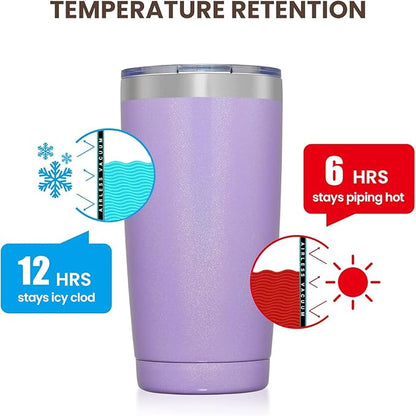 MEWAY 20oz Tumbler 12 Pack Double Wall Vacuum Insulated Travel Glitter Mug Bulk, Stainless Steel Tumblers with Lid and Straw, Powder Coated Coffee Cups for Woman(Rainbow Purple,Set of 12)