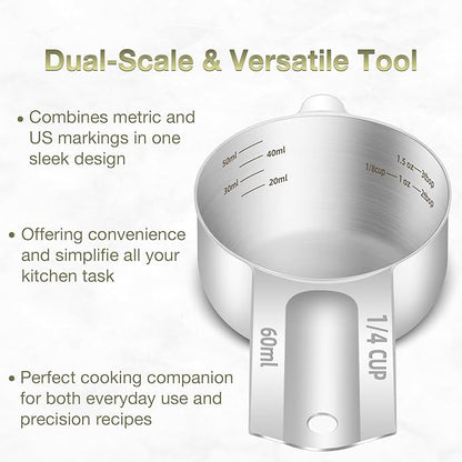 1PCS 1/4Cup (60ml, 2oz) Single Measuring Cup, Etched Inner Scale Stainless Steel Measure Scoop, Metric and US Measurement, Dishwasher Safe