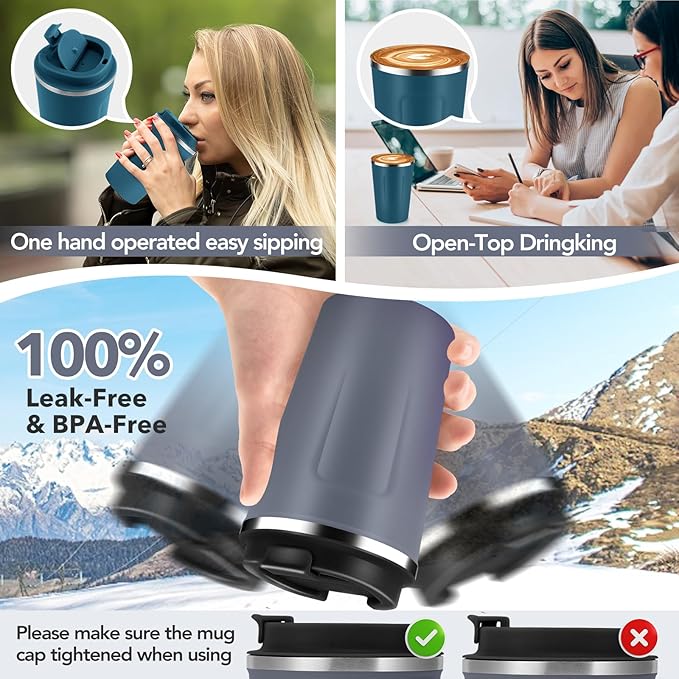 Volhoply 12 oz Double Wall Insulated Vacuum Travel Coffee Mug with Flip Lid,Reusable Stainless Steel Leak Proof Coffee Cup,Portable Iced Cafe Thermal Tumbler Suitable for Hot & Cold Drinks(Gray,1 Set)
