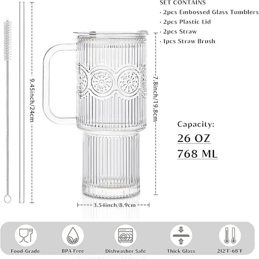 INSETLAN 26oz Ribbed & Floral Glass Tumblers with Handle and Lid, Set of 2 –Reusable Iced Coffee Cups with Straw, Glass Mugs for Water, Smoothies, Tea, and Juice – Ideal for Travel & Daily Use