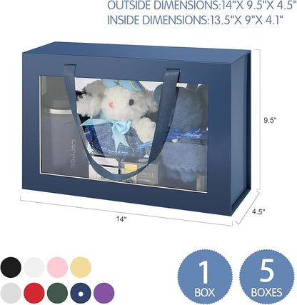 Large Navy Blue Clear Gift Boxes, 13.5x9x4.1 Inches, 5 Pack with Windows by Handles, Magnetic Closure, Suitable for Various Occasions