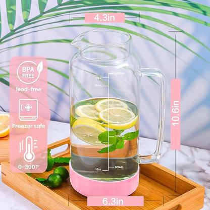 Aofmee 68oz Glass Pitcher with Lid, 2 Liter Water Carafe with Silicone Base and Precise Scale Line, Ice Tea Pitcher for Fridge, Anti-Slip Glass Jug for Sun Tea Juice Coffee Milk Beverage (Pink)