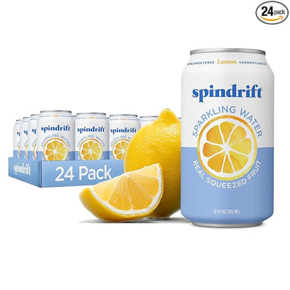 Spindrift Sparkling Water, Lemon Flavored, Made with Real Squeezed Fruit, 12 Fl Oz Cans, Pack of 24 (Only 3 Calories per Can)