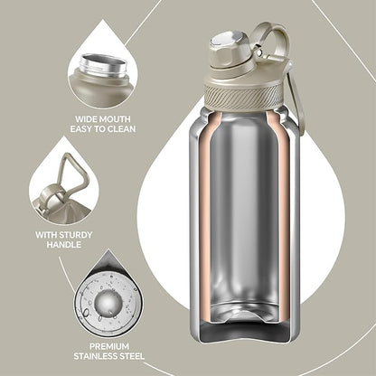 IDEUS Insulated Stainless Steel Water Bottle with 2 Leak-Proof Lids, Thermal Water Flask for Hiking Biking, 32oz, Celadon