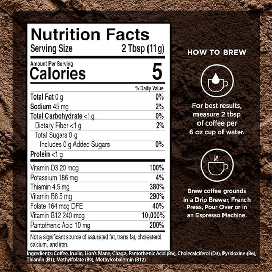 VitaCup Focus Mushroom Coffee Grounds, with Lions Mane, Chaga, B Vitamins, D3, Boost Focus, Immunity, Memory & Clarity, Medium Dark Roast, Bold & Smooth 100% Arabica Specialty, 3 bags, 10oz each