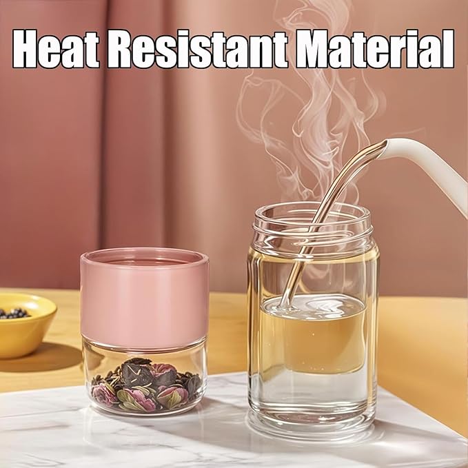 Tryteava Glass Infuser, Tryteava 3-in-1 Smart Tea Infuser, Portable Glass Double Wall Tea Infusers Bottle, with Stainless Steel Filter, Hot & Cold Brew, For Loose Leaf, Office Home (Gold, 280ml)