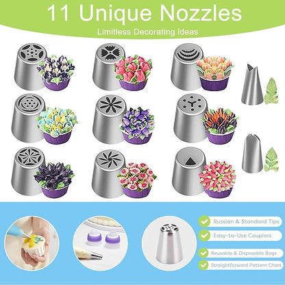 24-Piece Russian Piping Tips Set, Cake Decorating Kit with 9 Frosting Nozzles, Reusable Piping Bags, and Baking Supplies for Cupcakes, Cookies, Cakes - Ideal for Bakers & Beginners