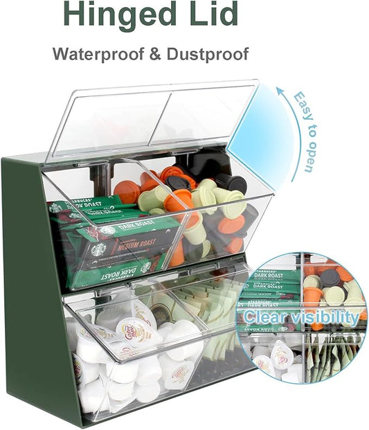 Bokelai Plastic Tea Bag Organizer with Lid - Large Capacity K Cup Holder Countertop & Desk Storage Station for Capsule, Creamer, Sugar Pods & Face Masks - Green/Clear